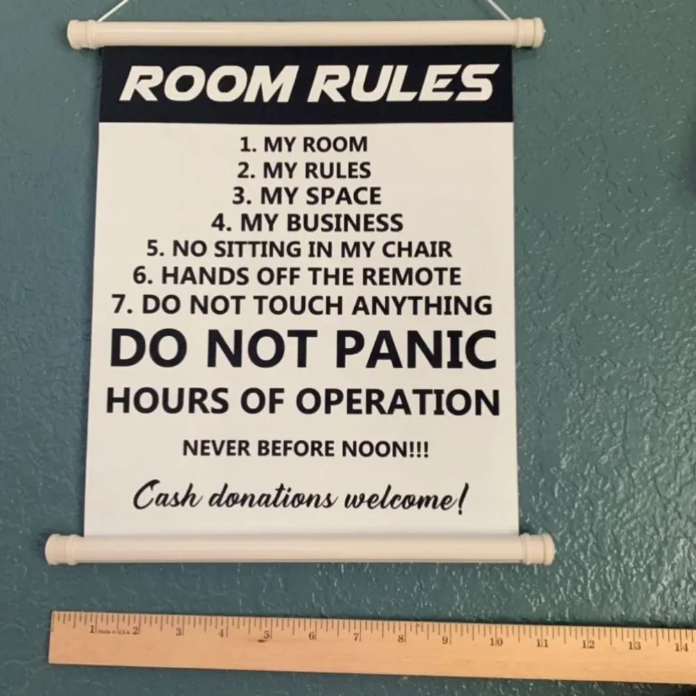 Room Rules Scroll Hanging Sign for Door, Room, Garage, Man Cave, Etc.
